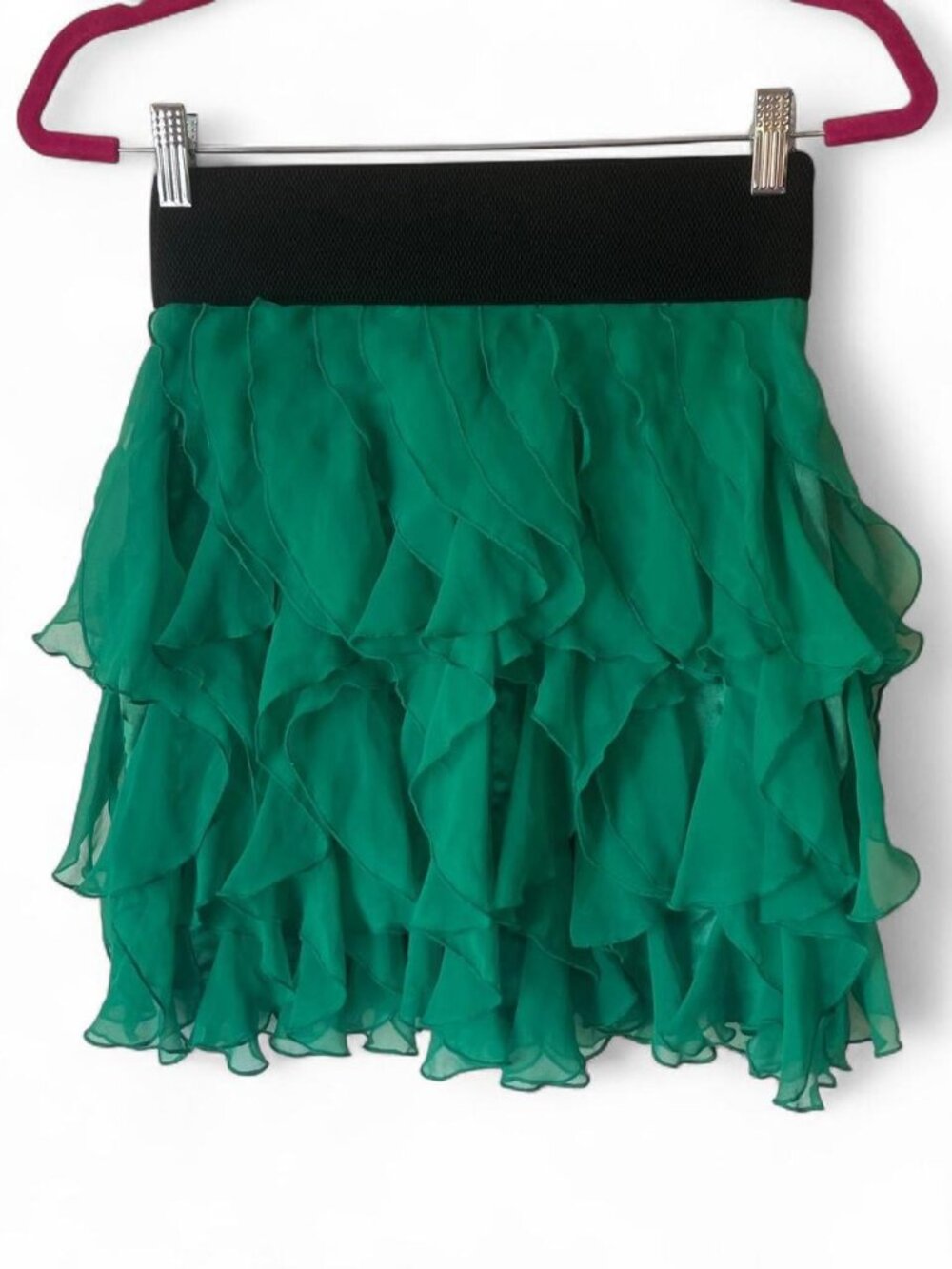 Vintage Y2K XOXO Emerald Green Tiered Ruffle Mini Skirt – Chiffon Party Skirt